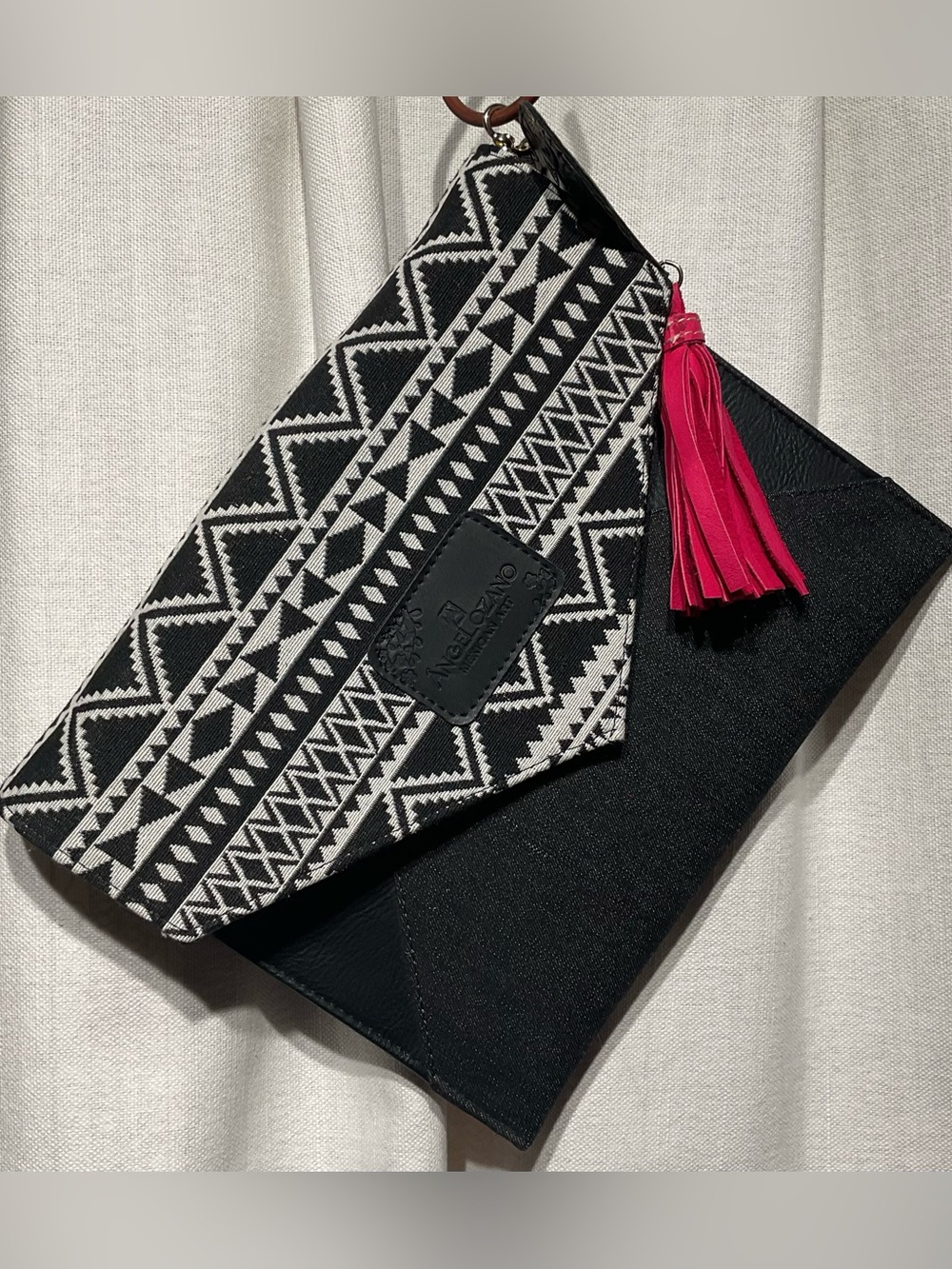 Angel Ozano Mexican Art Black White Geometric Clutch Pink Heart Tassel Keychain